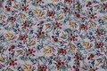 Light grey viscose-mousselin with flowers in red, green and yellow Light grey viscose-mousselin with flowers in red, green and yellow