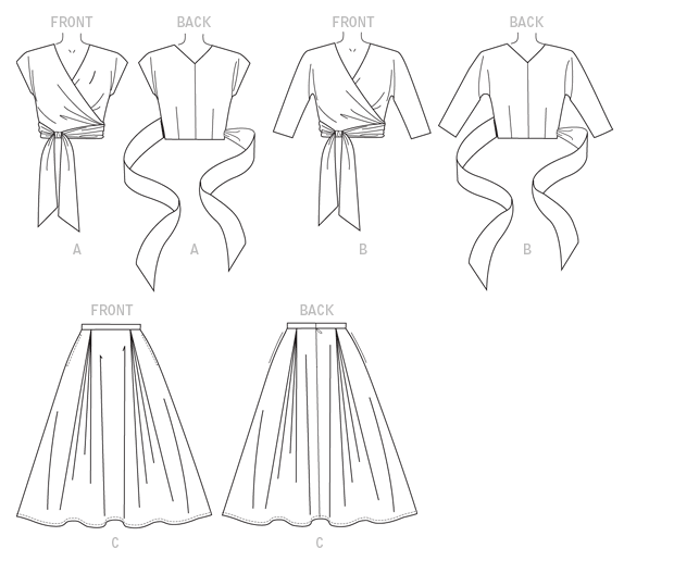 Fitted, self-lined, wrap top has tie ends. Note: No provisions provided for above waist adjustment. Pleated skirt (cut on crosswise grain) has waistband, side pockets and narrow hem. Designed for lightweight to medium-weight moderate stretch knits and woven fabric. Fitted, self-lined, wrap top has tie ends. Note: No provisions provided for above waist adjustment. Pleated skirt (cut on crosswise grain) has waistband, side pockets and narrow hem. Designed for lightweight to medium-weight moderate stretch knits and woven fabric.