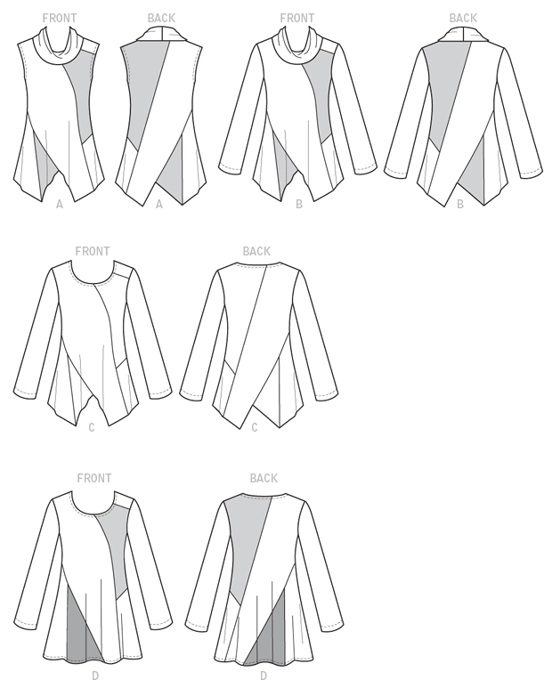 Loose-fitting, pullover tunic (close-fitting through bust) has shoulder yoke, and seam detail. A, B: Double-layered collar. A, B, C: Shaped hemline, raw edge finish, wrong side may show. D: Narrow hem. B, C, D: Stitched hem on sleeves. Note: No provisions provided for above waist adjustment.Designed for lightweight moderate stretch knits. Loose-fitting, pullover tunic (close-fitting through bust) has shoulder yoke, and seam detail. A, B: Double-layered collar. A, B, C: Shaped hemline, raw edge finish, wrong side may show. D: Narrow hem. B, C, D: Stitched hem on sleeves. Note: No provisions provided for above waist adjustment.Designed for lightweight moderate stretch knits.