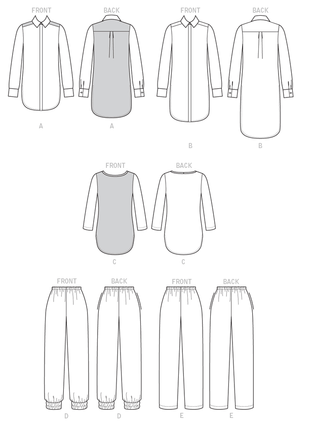 Loose-fitting tunic has back longer than front, wrong side shows, side slits, and narrow hem. A, B: Collar, collar band, back pleat, yoke, forward shoulder seams, no shoulder seams, sleeve pleats, continuous lap, button cuffs, fly button/band closing. C: Bias neck binding. Tapered pants (semi-fitted through hips) have elasticized waist, and leg bands D, and side pockets. Sleeves C and hems E: Stitched hems.Designed for lightweight woven fabrics.
