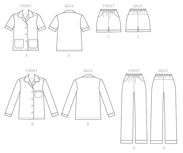 Very loose-fitting top has collar, forward shoulder seams, pockets, and stitched hems. B: Pocket bands. Straight-leg shorts and pants (below waist) have elasticized waistband, side-front pockets, and yoke back. Sleeves A, B and hems C, D: Bands. Purchased piping.Designed for lightweight woven fabrics and stable knits.