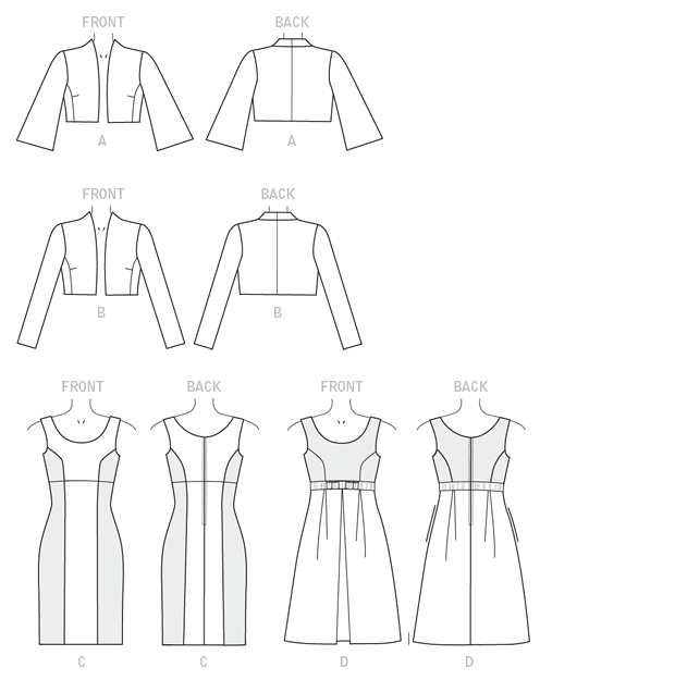 Loose-fitting, lined jacket has self-lined front extending into back collar, side-front and side-back seams, and sleeve variations. Dress has close-fitting, lined bodice, raised waist, skirt variations, and back zipper. C: Semi-fitted skirt. D: Pleated skirt, side pockets, and purchased ribbon for encased belt and bow. Designed for lightweight to medium-weight woven fabrics. Loose-fitting, lined jacket has self-lined front extending into back collar, side-front and side-back seams, and sleeve variations. Dress has close-fitting, lined bodice, raised waist, skirt variations, and back zipper. C: Semi-fitted skirt. D: Pleated skirt, side pockets, and purchased ribbon for encased belt and bow. Designed for lightweight to medium-weight woven fabrics.