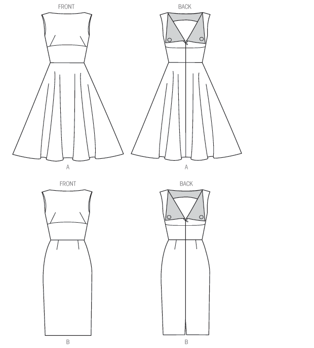 Dress has close fitting, lined bodice and contrast facings. A: Flared skirt (cut on crosswise grain of fabric) and petticoat. B: Straight skirt. Designed for light- to medium-weight woven fabrics. Dress has close fitting, lined bodice and contrast facings. A: Flared skirt (cut on crosswise grain of fabric) and petticoat. B: Straight skirt. Designed for light- to medium-weight woven fabrics.