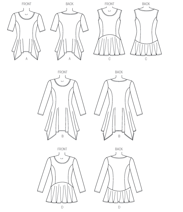 Semi-fitted, pullover tops have princess seams, sleeve variations and narrow hem. A,B: shaped hemline. C,D: shaped flounce.  Designed for light- to medium-weight knit fabrics.