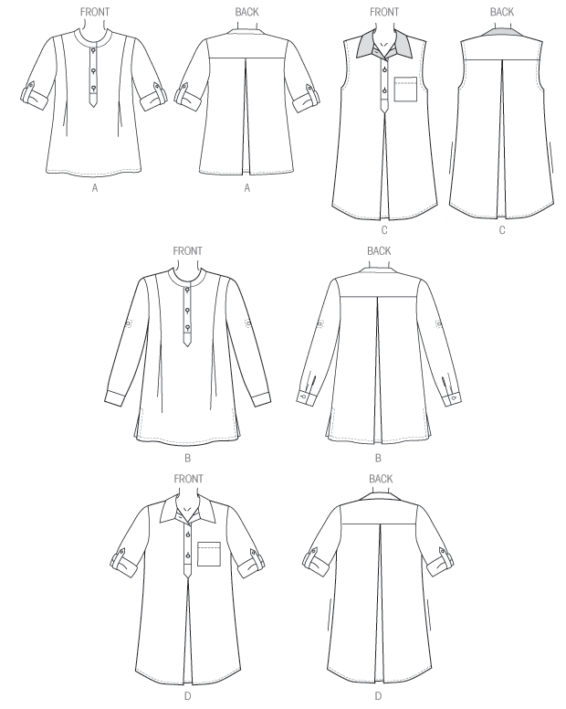 Loose-fitting pullover tunics have collar variations, front button closure, back yoke with inverted pleat, sleeve variations and topstitching. A,B: front shoulder tucks. C,D: front inverted pleat. C: contrast collar, placket and facing.  Designed for light- to medium-weight woven fabrics.