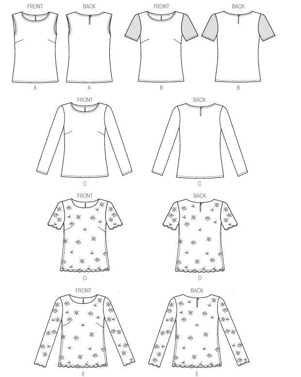 Semi-fitted pullover top has back neck slit, narrow hem and button and thread loop closing. B: contrast sleeves. D,E: double-edged scalloped lace overlay. Separate pattern pieces included for cup sizes A/B, C, D. Designed for lightweight woven fabrics and moderate stretch knits. Semi-fitted pullover top has back neck slit, narrow hem and button and thread loop closing. B: contrast sleeves. D,E: double-edged scalloped lace overlay. Separate pattern pieces included for cup sizes A/B, C, D. Designed for lightweight woven fabrics and moderate stretch knits.