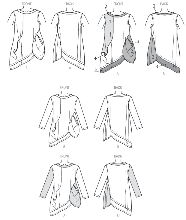 Loose fitting pullover tunics have collar, left side pocket detail, sleeve variations, hem band and top stitching. C: contrast right front, left front, left front and back pocket, armhole facing, hem band, left pocket and right inside pocket. D:contrast collar, right sleeve, left front, back pocket and right inside pocket.Designed for lightweight woven and stable knit fabrics.