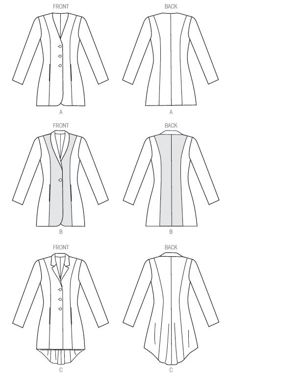 Fitted, lined jacket has shoulder pads, princess seams and side front pockets. B and C: collar variations. C: shaped hemline, lining shows. Designed for lightweight woven fabrics and stable knits. Fitted, lined jacket has shoulder pads, princess seams and side front pockets. B and C: collar variations. C: shaped hemline, lining shows. Designed for lightweight woven fabrics and stable knits.