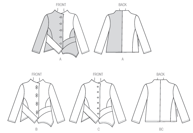 Loose-fitting, unlined jacket has front and back extending into wide neckline, princess seaming into shaped front bands, shaped hemline and topstitching. A: contrast fabrics.  Designed for medium-weight woven fabrics.