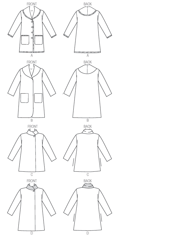 Very loose-fitting unlined coat has collar variations. A,B: patch pockets. A: flexible trim. C,D: side seam pockets. D: contrast collar.  Designed for medium-weight woven fabrics.