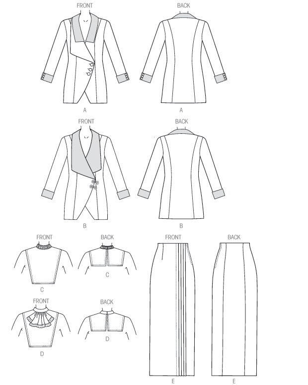 Semi-fitted lined jacket has asymmetrical closing, front and back princess seams and contrast collar and cuffs. C,D: bib has neck band, back neck closing with hook and eye and top stitching. D: Gathered neck ruffle with lace trim. E: close-fitting high waisted skirt has left side front pleats, side zipper, topstitching and optional buttons.  Designed for lightweight to medium weight woven fabrics.