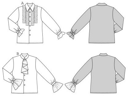 This shirt sewing pattern is the basis for many different ideas. Shirt A with collar and ruffles could be styled as hippie or pirate, depending on the fabric. Shirt B has an upright collar and jabot, just the right outfit for an Amadeus Mozart or a Casanova! You’ll surely dream up some other possibilities too!.