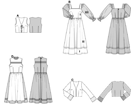 ABCD: close-fitting
B: dress with wide, ruffled sleeves and a double skirt
A: shaped waistcoat/vest with lacing
C: Jacket with sleeve panels matching sleeveless dress D with apron section on gathered skirt
Appropriate head-covering under sewing pattern 2451.