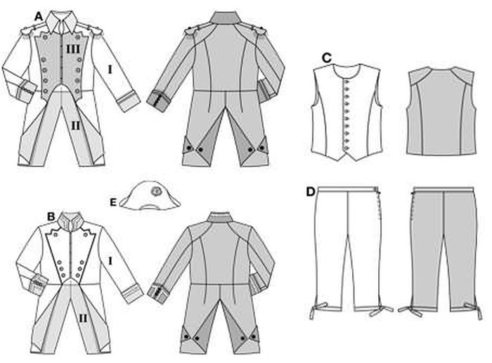 Views AB normal width, View C close-fitting,
View D close-fitting.
Uniform Jackett with coat tails, richly decorated
View A in three fabrics with shoulder tabs.
View B in two fabrics with piping and borders. Matching waistcoat with section seams,
narrow below-the-knee trousers/pants
with side zipper, general’s hat made of felt with rosette.