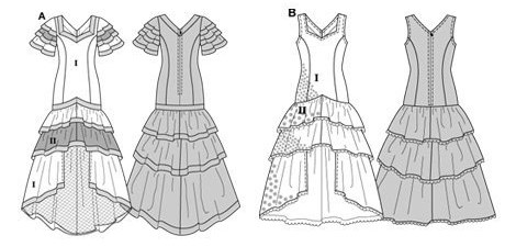 Flamenco or Samba dress, close-fitting, with low-set skirt tiers.
A: with cap sleeves, B: sleeveless. Flamenco or Samba dress, close-fitting, with low-set skirt tiers.
A: with cap sleeves, B: sleeveless.