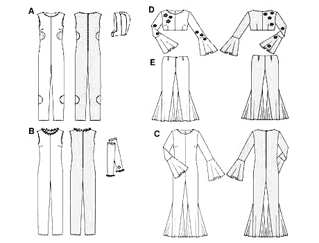 ABC: jumpsuit, D: top, E: hipster trousers/pants, all close-fitting. Choose from sexy style, flipped-out, astronaut or flower power - all in one sewing pattern!.