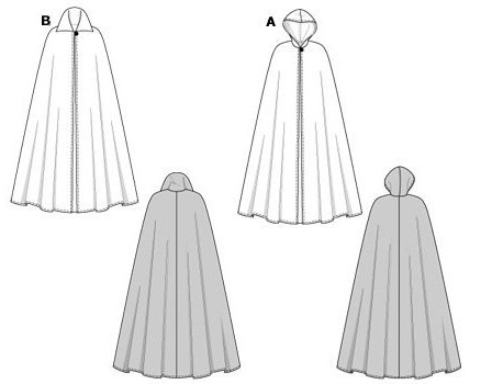 Floor-length cape, A: with hood, B: with collar to pull up, both with single button fastening/closure.