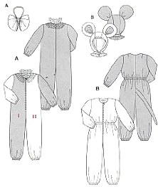 Wide jumpsuit/cat-suit with elastic casing on sleeves and trouser/pant legs.
B also has an elastic casing at the waist.
A with neck ruffle and big bow.
B with separate hood and large ears.