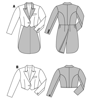 Sexy jackets for party girls.
A Jacket in Dress-suit style with long tails, B short-waisted jacket.
Both make impressive outfits with few accessories necessary.