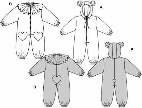 Very wide jumpsuit with zipper and elastic waist.
A: as bear - hood with little ears.
B: as clown in two fabrics with neck ruff and appliqué hearts.