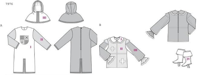 Whether plain or rather splendid - a touch of daring is included in both these costumes. Style A consists of a slit tunic with top-stitched coat of arms and a cape with integrated hood. Style B is a tunic with a large white collar and abundant ruffled sleeves, covered by slit sleeves decorated with bands. Long leg-sheaths will make shoes look like boots to complete the costume.