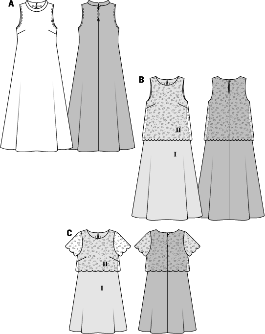 The sleeveless maxi dress view A with a neckline band is ideal for interesting prints. It has the chic styling of the Seventies. Dress view B is given a casually elegant touch with an over top of novelty fabric. The over top is caught in at the edges of the neckline. The short sleeved dress view C has girlish charm.
BC: Fusible interfacing, 36 x 8 ins (90 cm x 20 cm). ABC: 1 button.