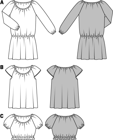 Airy dress and blouses in two lengths with raglan sleeves. The elastic neckline allows you to wear it off the shoulder if you like. Dress view A has long sleeves and an elastic waist. The Carmen blouse view B has short sleeves. The mid-drift blouse view C is held at the lower edge with elastic.
ABC: Elastic, 3/16 in (0.5 cm) wide, A: 1-1/4–1-5/8 yds (1.10–1.40 m); B: 7/8–1-1/8 yds (0.75–1.00 m); C: 3-1/8–4-1/8 yds (2.75–3.65 m). B: Lace trim, 5/8 in (1.5 cm) wide, 30 ins (75 cm).