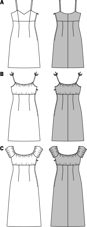 Delicate strap dresses for hot summer days and party nights. All feature a high waist, and either a V-neck or gathered neckline with straps coming out of the drawstring casing. The elastic neckline and small puff sleeves on view C allow individual styling options. 

ABC: Zipper, 16 ins (40 cm) long. C: Elastic, 3/8 in (1 cm) wide, 1-7/8–2-1/4 yds (1.65–2.00 m).