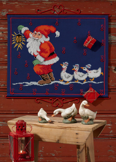 Christmas gift calendar in blue with Santa and geese