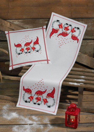 White Christmas table runner or pillow with three elfs