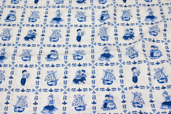 Firm, white cotton with blue sqaure-pattern with motifs