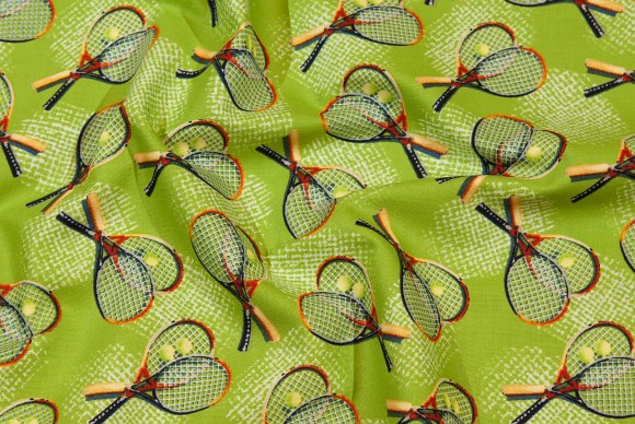 Kiwi colored patchworkcotton with tennis rackets