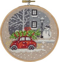 Christmas wall embroidery with red Fiat car