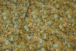 Cotton-jersey in light olive-colored with small turqoise flowers