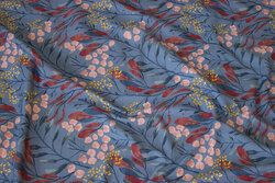 Dove-blue cotton-jersey with flowers in soft red and bordeaux