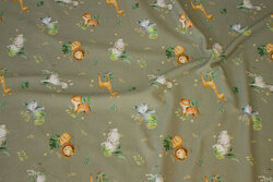 Organic, dusty-green cotton-jersey with ca. 3 cm small animals