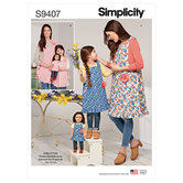 Childrens´, womens and 18 inches doll aprons. Simplicity 9407. 