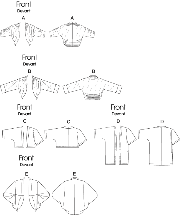 Loose-fitting jackets A, B, C, D, E with no closures. A, B: above waist, dolman sleeves, pleated drape. B: sleeve bands. C, D: kimono sleeves, stitched hems. D: below hip, purchased ribbon trim. E: self-lined, above waist, optional edgestitching.
NOTIONS: Jacket A: 3/8 yd. of 1/4 inches Clear Elastic. Jacket D: 21/4 yds. of 11/2 inches Ribbon.