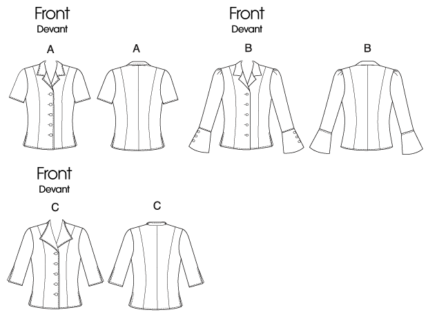 Enjoy these blouse styles that will take you to work, school or out to cocktails. These easy-to-sew blouses are designed for fluid fabrics. To create your own custom look, each sleeve, collar or front opening can be easily placed into another view, making this pattern a true mix-and-match design. There are scores of options to design a blouse for your personal needs.
NOTIONS: Miss A, C: Five 5/8 inches Buttons, B: Eleven 5/8 inches Buttons. Woman A, C: Five 3/4 inches Buttons, B: Eleven 3/4 inches Buttons.