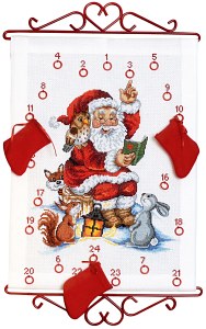 White Christmas calendar with Santa Claus reading. Permin 34-2525. 