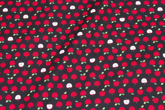 Black patchwork-cotton with small 1 cm red apples
