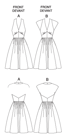 Halter or cap sleeve dress, below mid-knee length, has side zipper, fitted self-lined bodice and flared, gathered skirt.
NOTIONS: Dress A, B: 14" Zipper, Hooks and Eyes.