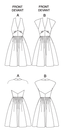 Halter or cap sleeve dress, below mid-knee length, has side zipper, fitted self-lined bodice and flared, gathered skirt.
NOTIONS: Dress A, B: 14" Zipper, Hooks and Eyes.