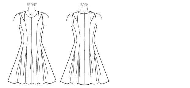 Close-fitting and slightly flared, lined dress has front and back pleats and exposed back zipper. Close-fitting and slightly flared, lined dress has front and back pleats and exposed back zipper.