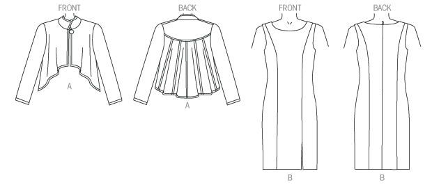 Unlined jacket has collar, lined yoke back, back seam detail, flat-fell seams, shaped hemline, wrong side shows, narrow hem, and front button and loop closing. Topstitching. Lined dress has princess seams, left side front slit and invisible zipper. A and B: Loose-fitting.