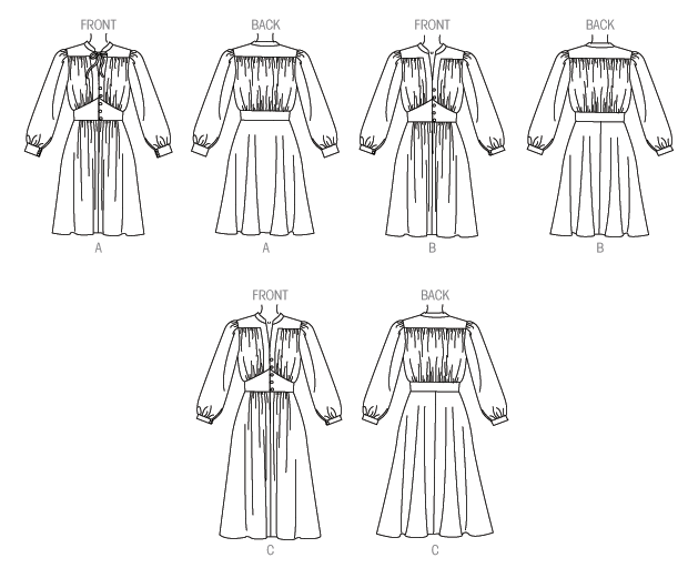Pullover dress has collar, yoke extending into front band, loose-fitting bodice, midriff, sleeves with seam opening and button cuffs, and front button and snap (skirt) closing. Purchased loops.