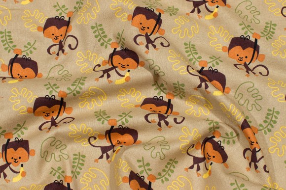 Beige color cotton with cute monkies with bananas