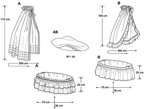 Top and basket covering for a cradle or indoor pram/stroller, in two variations, plus pillow/cushion covers (80 x 80 cm). Top and basket covering for a cradle or indoor pram/stroller, in two variations, plus pillow/cushion covers (80 x 80 cm).