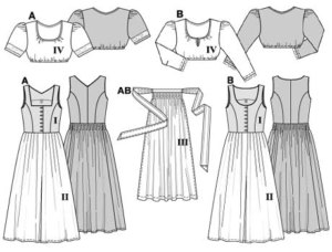 Close-fitting “Dirndl” in two fabrics with apron and short blouse.
View A: bodice with square neckline, view B with round neckline, both with piping at neckline and armhole. Skirts with front pleats and back gathers.
Blouse A: with short sleeves and lace fabric edging; blouse B with ¾-length sleeves.