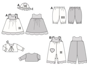 A summer ensemble for first excursions. Cute pinafore dress A has button fastening/closure on the shoulders, gathered skirt and hem band with scalloped edge. Striped trousers/pants with elastic waist plus saucy hat complete the outfit.
Overall B has a chest pocket and practical press-snap fastening/closure on the shoulders. Jacket C is simply lined with a matching fabric and fastened/closed with tie-bands.